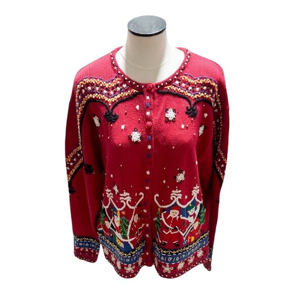 Vintage 1990s Studio HoHoHo Christmas Santa‎ Snowman Holiday Festive Cardigan XL - Picture 1 of 6